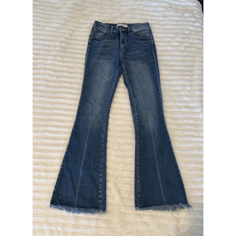 Kancan Women’s Mid Rise Raw Hem Flare Jeans, Medium Wash, Size 26
